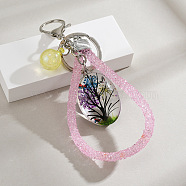 Oval Shape Tree of Life Dried Flower & Glass Keychain, with Iron Key Rings, for Bag Accessories, Yellow, 15cm(PW-WG45493-07)
