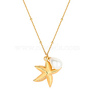Golden Stainless Steel Pendant Necklace, with Imitation Pearl, Starfish, 23.62 inch(60cm)(QO1211-3)