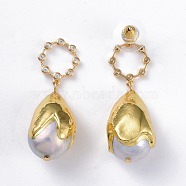Brass Dangle Stud Earrings, with Pearl Beads, Rhinestone and Ear Nuts, Teardrop, Golden, 38mm, Pin: 0.8mm(EJEW-E249-35A)