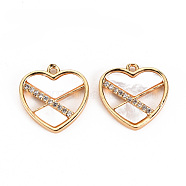 Brass Micro Pave Clear Cubic Zirconia Charms, with Natural Shell, Nickel Free, Heart, Real 18K Gold Plated, 14x14x2mm, Hole: 1mm(KK-S360-109-NF)
