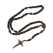 Alloy Religion Crucifix Cross Pendant Necklaces, Wood Beaded Necklace, Coconut Brown, 24-3/4 inch(63cm)(NJEW-E096-01R-02)