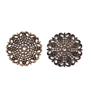 Brass Vintage Filigree Findings,  Antique Bronze Color, Flat Round, Size: about 25mm in diameter, 1mm thick, hole: 2mm(KKC-Q006-AB)