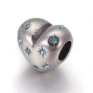 304 Stainless Steel European Beads, Large Hole Beads, with Rhinestone, Heart with Star, Antique Silver, Aquamarine, 10.5x11x9mm, Hole: 4.5mm(OPDL-L013-20A)