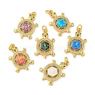 Brass Pendants Micro Pave Cubic Zirconia with Synthetic Opal, with Jump Rings, Real 18K Gold Plated, Turtle, Mixed Color, 23x15x3mm, Hole: 3.5mm(KK-K356-07G)