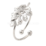 304 Stainless Steel Open Cuff Ring, Leaf, Stainless Steel Color, Inner Diameter: 18mm(RJEW-M167-10A-P)