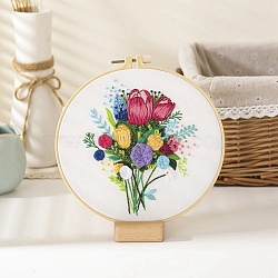 DIY Bouquet Pattern Embroidery Kit, Including Imitation Bamboo Frame, Iron Pins, Cloth, Colorful Threads, White, 213x201x9.5mm, Inner Diameter: 183mm(DIY-O021-16)