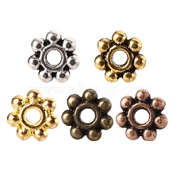 150Pcs 5 Colors Tibetan Style Alloy Daisy Spacer Beads, Flower, Mixed Color, 4.5x1.5mm, Hole: 1mm, 30pcs/color(TIBEB-YW0001-04)