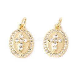 Rack Plating Brass Micro Pave Clear Cubic Zirconia Charms, with Jump Rings, Long-Lasting Plated, Cadmium Free & Lead Free, Oval with Cross, Real 18K Gold Plated, 14.5x10x4mm, Hole: 3.2mm(ZIRC-I057-17G)