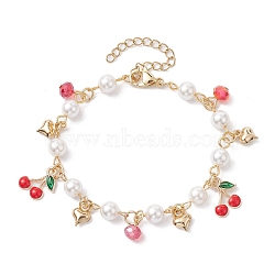 Glass Beads & Pearl Bead Bracelets, Cherry Alloy Enamel Charm Bracelets for Women, Golden, 7 inch(17.7cm)(BJEW-JB10069)