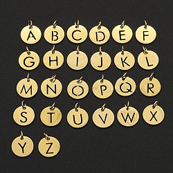 201 Stainless Steel Charms, Laser Cut, with Jump Rings, Flat Round with Alphabet A~Z, Golden, 12x12x1mm, Hole: 3mm, 26pcs/set(STAS-Q237-M002-6)