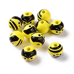 Schima Wood European Beads, Large Hole Beads, Round, Bees Pattern, 15~16mm, Hole: 4mm(WOOD-G015-03A)