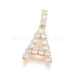 Golden Plated Brass Micro Pave Clear Cubic Zirconia Pendants, Long-Lasting Plated, Letter, Letter.A, 22.5x15.5x3.5mm, Hole: 7x3mm(ZIRC-L093-01A)