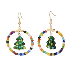 Glass Seed Beaded Ring with Lampwork Christmas Tree Dangle Earrings, Brass Jewelry for Women, Colorful, 52mm, Pin: 0.8mm(EJEW-TA00231)