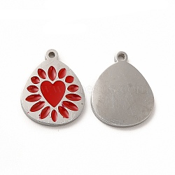 304 Stainless Steel Enamel Pendants, Teadrop with Heart Pattern, Red, 15x12x1mm, Hole: 1.2mm(STAS-F291-04P-01)