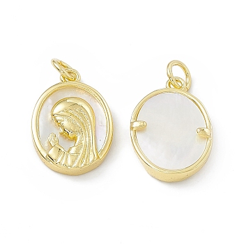 Rack Plating Brass Pendants, Long-Lasting Plated, Lead Free & Cadmium Free, with Jump Ring and Shell, Oval with Woman Charm, Real 18K Gold Plated, 17x12x3mm, Hole: 3mm