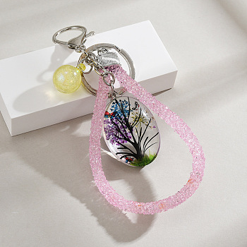 Oval Shape Tree of Life Dried Flower & Glass Keychain, with Iron Key Rings, for Bag Accessories, Yellow, 15cm