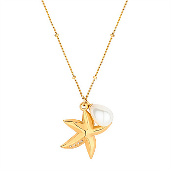 Golden Stainless Steel Pendant Necklace, with Imitation Pearl, Starfish, 23.62 inch(60cm)