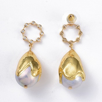 Brass Dangle Stud Earrings, with Pearl Beads, Rhinestone and Ear Nuts, Teardrop, Golden, 38mm, Pin: 0.8mm