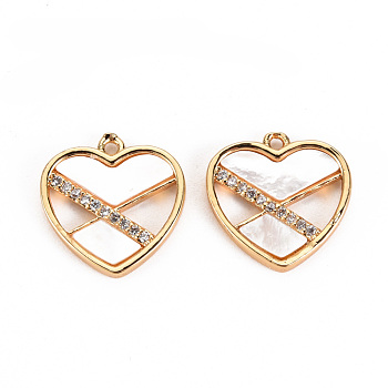 Brass Micro Pave Clear Cubic Zirconia Charms, with Natural Shell, Nickel Free, Heart, Real 18K Gold Plated, 14x14x2mm, Hole: 1mm