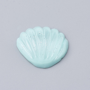 Resin Cabochons, Shell, Glitter Beads, Pale Turquoise, 18x21x6mm