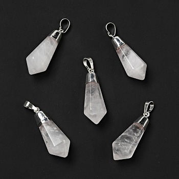 Natural Quartz Crystal Pointed Pendants, with Silver Tone Brass Findings, Bullet, 35~36.5x13~13.5x12mm, Hole: 5x7mm