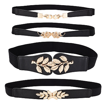 4Pcs 4 Style Imitation Leather Elastic Chain Belt, Resin Pearl & Alloy Leaf Clasp Waist Belt for Shirt Dress Overcoat, Black, 25.39~26.38 inch(645~670mm), 1Pc/style
