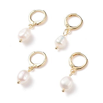 Natural Pearl Dangle Hoop Earrings, Brass Jewelry for Women, White, 29mm, Pin: 0.8mm