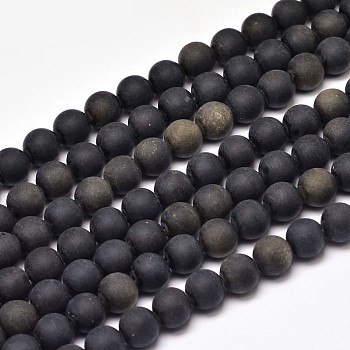 Frosted Natural Golden Sheen Obsidian Round Bead Strands, 8mm, Hole: 1mm, about 47pcs/strand, 15 inch