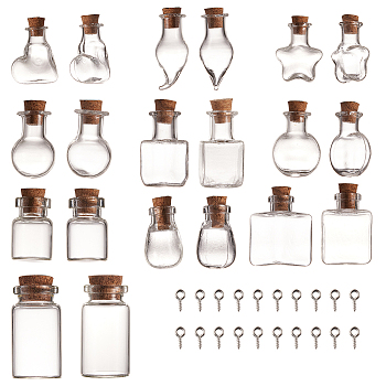 Glass Bottles, with Cork Stopper and Iron Screw Eye Pin Peg Bails, Mixed Shapes, Clear, 20pcs/set