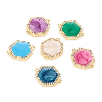 Brass Micro Pave Cubic Zirconia Links, with Enamel, Hexagon, Mixed Color, Crystal, Golden, 17.5x15x3mm, Hole: 1mm