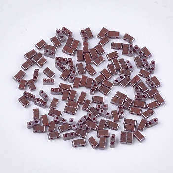 2-Hole Opaque Glass Seed Beads, Lustered, Rectangle, Coconut Brown, 4.5~5.5x2x2~2.5mm, Hole: 0.5~0.8mm