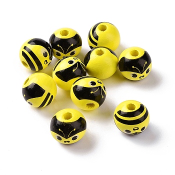 Schima Wood European Beads, Large Hole Beads, Round, Bees Pattern, 15~16mm, Hole: 4mm