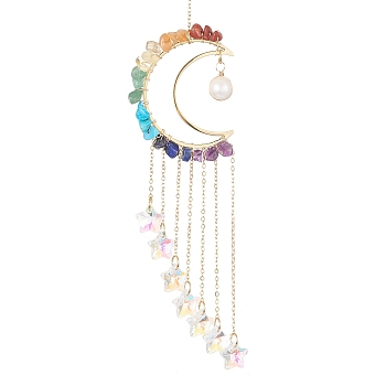 Glass Star & Natural Pearl Pendant Decoration, Hanging Suncatchers, with Moon Brass & Gemstone Chips and Cable Chains, Clear AB, 230x44~45mm