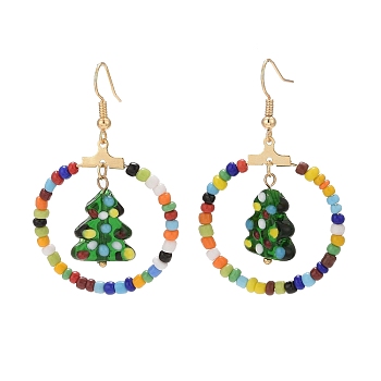 Glass Seed Beaded Ring with Lampwork Christmas Tree Dangle Earrings, Brass Jewelry for Women, Colorful, 52mm, Pin: 0.8mm