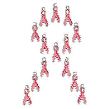 SUNNYCLUE 20Pcs October Breast Cancer Pink Awareness Ribbon Alloy Enamel Pendants, Cadmium Free & Lead Free, Platinum, Pink, 19x8.5x1mm, hole: 2mm