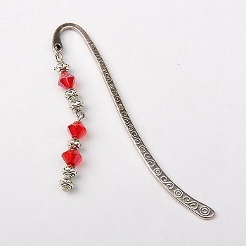Tibetan Style Bookmarks/Hairpins, with Glass Beads, Red, 84mm