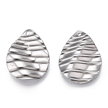 304 Stainless Steel Pendants, Teardrop Charm, Stainless Steel Color, 21.5x17x2.5mm, Hole: 1.4mm