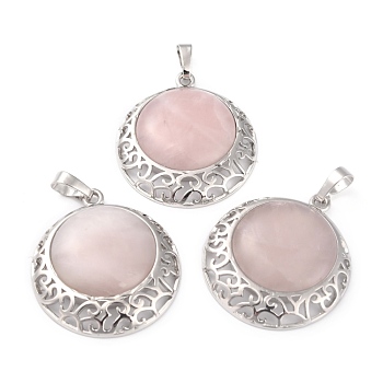 Natural Rose Quartz Pendants with Hollow Platinum Brass Findings, Flat Round, 33.5x30x6mm, Hole: 8x5mm