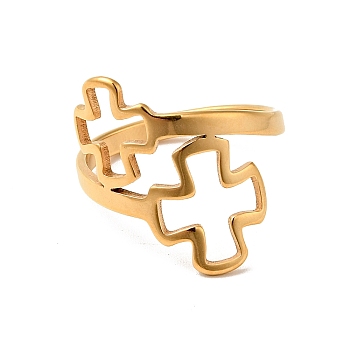 Ion Plating(IP) 201 Stainless Steel Double Cross Finger Ring for Women, Golden, US Size 6 1/2(16.9mm)