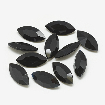 Pointed Back Glass Rhinestone Cabochons, Faceted, Horse Eye, Jet, 18x9x5mm
