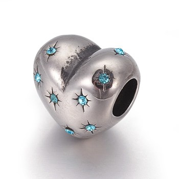 304 Stainless Steel European Beads, Large Hole Beads, with Rhinestone, Heart with Star, Antique Silver, Aquamarine, 10.5x11x9mm, Hole: 4.5mm