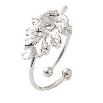 304 Stainless Steel Open Cuff Ring, Leaf, Stainless Steel Color, Inner Diameter: 18mm
