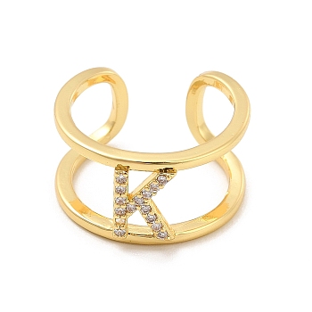 Clear Cubic Zirconia Initial Letter Open Cuff Ring, Real 18K Gold Plated Brass Double Line Ring for Women, Lead Free & Cadmium Free, Letter.K, US Size 6(16.5mm)