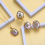 Natural Freshwater Pearl Pendant Necklaces & Stud Dangle Earrings & Rings Sets, Brass Jewelry Sets, Rectangle with Flower Pattern, Purple, 400mm(FS-WG70A16-02)