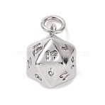 Rack Plating Brass Charms, Cadmium Free & Lead Free, with Jump Rings, Long-Lasting Plated, 20 Sided Dice Charm, Platinum, 13.5x9.5x9.5mm, Hole: 3.2mm(KK-F820-26P)