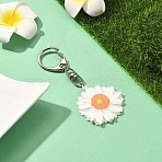 Acrylic Daisy Pendant Decoration, with Alloy Keychain Clasp, White, 91mm(HJEW-YW00028-01)