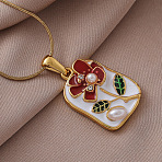 Vintage 304 Stainless Steel Enamel Flower Pendant Necklaces with Imitation Pearl for Women, Golden, Colorful, 15.75 inch(40cm)(CU9573)