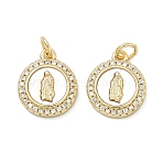Brass Micro Pave Cubic Zirconia Pendants, Flat Round with Virgin Mary Charms, with Shell and Jump Ring, Real 16K Gold Plated, 14.5x12.5x3mm, Hole: 3.5mm(KK-A282-26G)