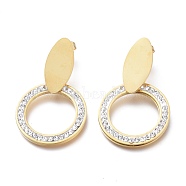 304 Stainless Steel Dangle Stud Earrings, with Polymer Clay Crystal Rhinestone and Ear Nuts, Ring, Golden, 41~42mm, Pin: 0.7mm(EJEW-E261-16G)