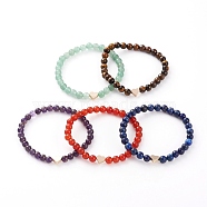 Round Natural Gemstone Beads Stretch Bracelets, with Brass Heart Beads, Golden, Inner Diameter: 2-1/4 inch(5.6cm)(BJEW-JB05873)